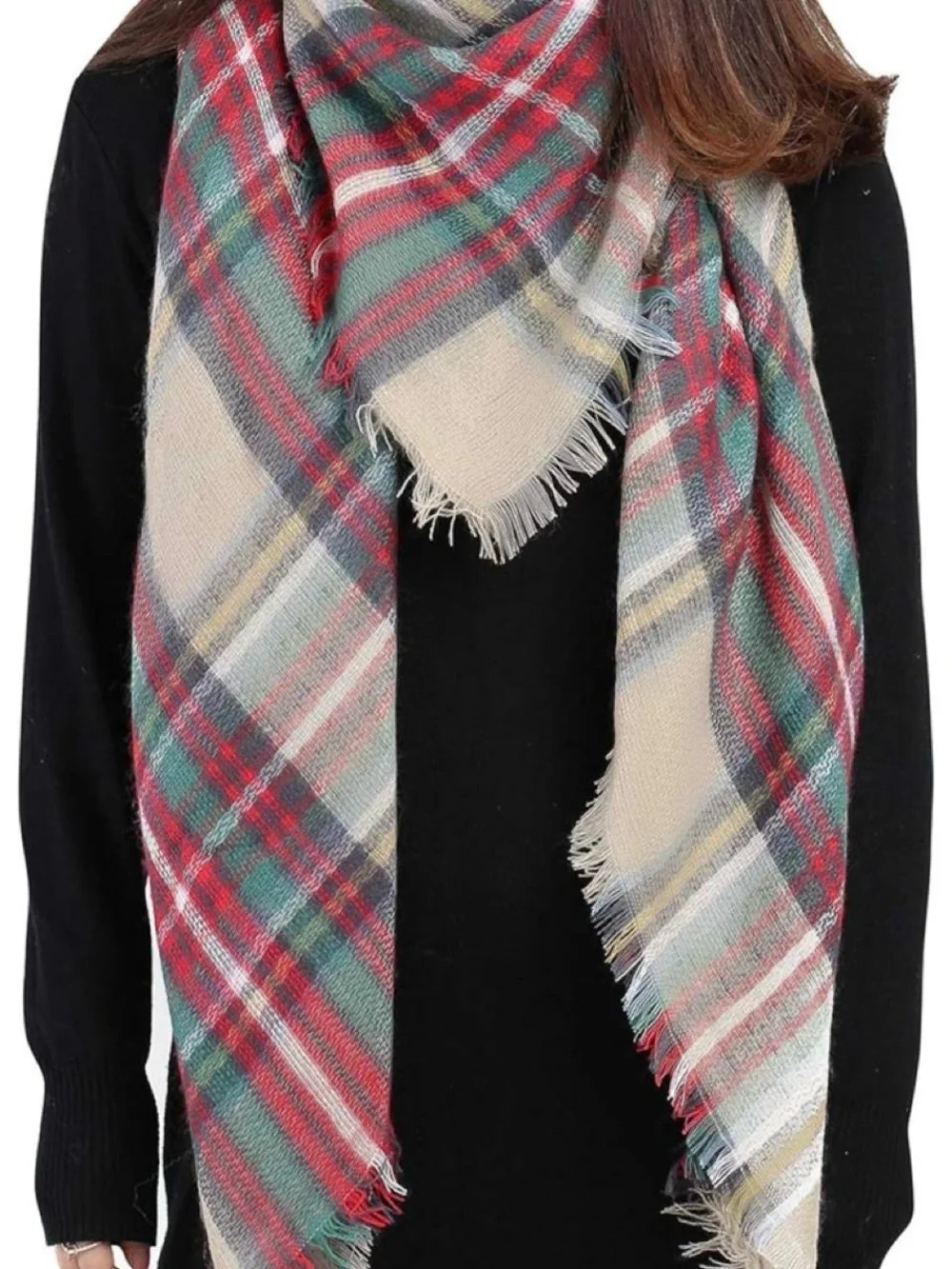 Plaid Fringe Blanket Scarf - Beige, Red & Green